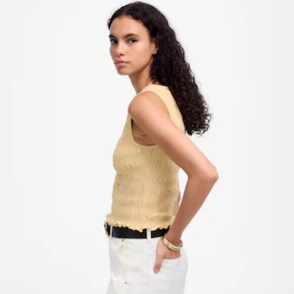 NWT Madewell Light Yellow Smocked Cotton Linen Blend Boatneck Tank - Size: Small - Picture 7 of 8